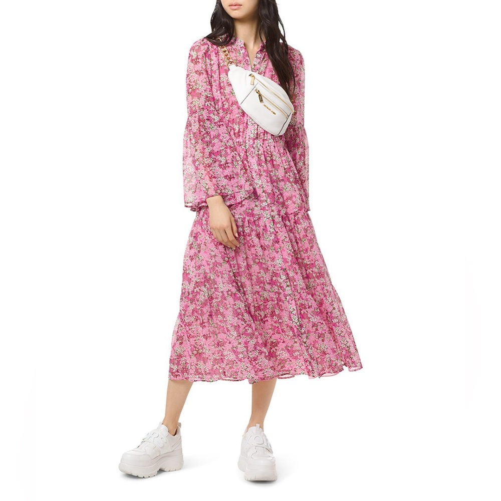 Michael Kors Pink Floral Bloom Chiffon Midi Sun Dress women’s 2us